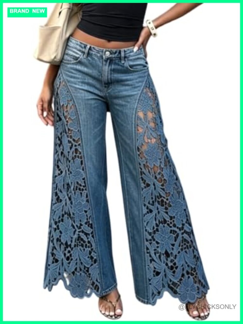 Wide Leg Jeans Floral Lace Embroidered Stretch Denim Pants